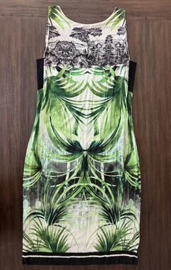 Ana Alcazar Dress Womens M/L 40 Tropical Palm Print Sheath Green Unique